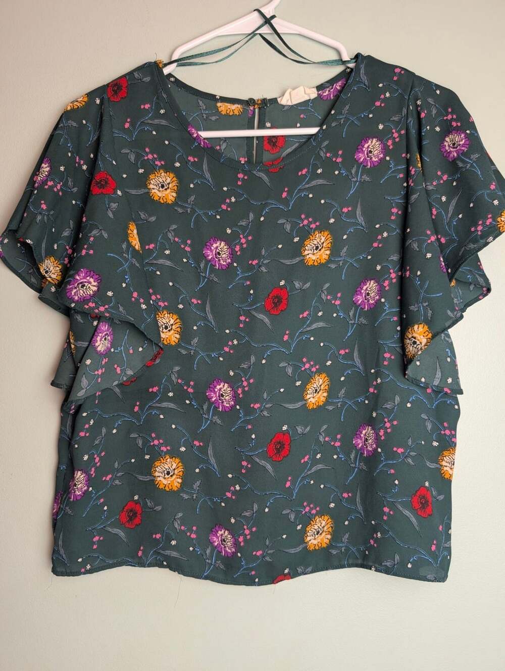 ​Boho Cottagecore Sienna Sky Dark Green Floral Ruffle Sleeve Blouse
